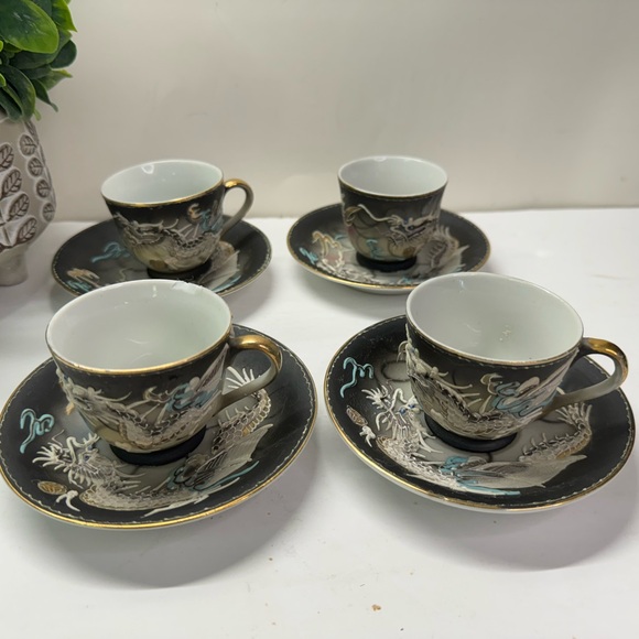 Moriage Dragon Ware Demitasse Teacup Saucer 8 Pc Set Japan Asian Gray Blue - Picture 3 of 11